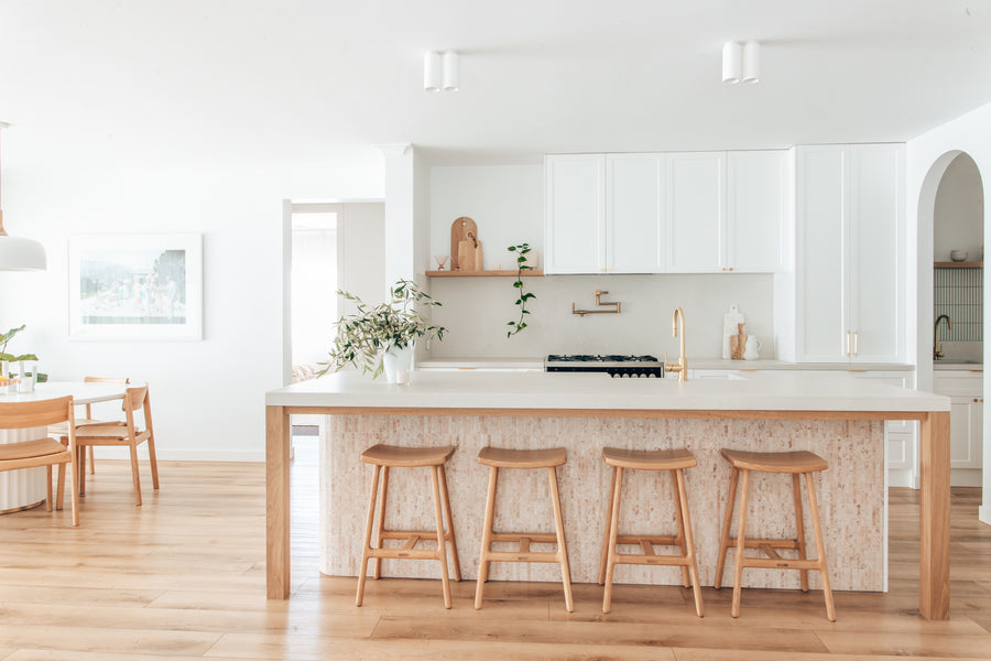 Embelton Aqua-tuf Hybrid flooring installed in a modern pink kitchen 